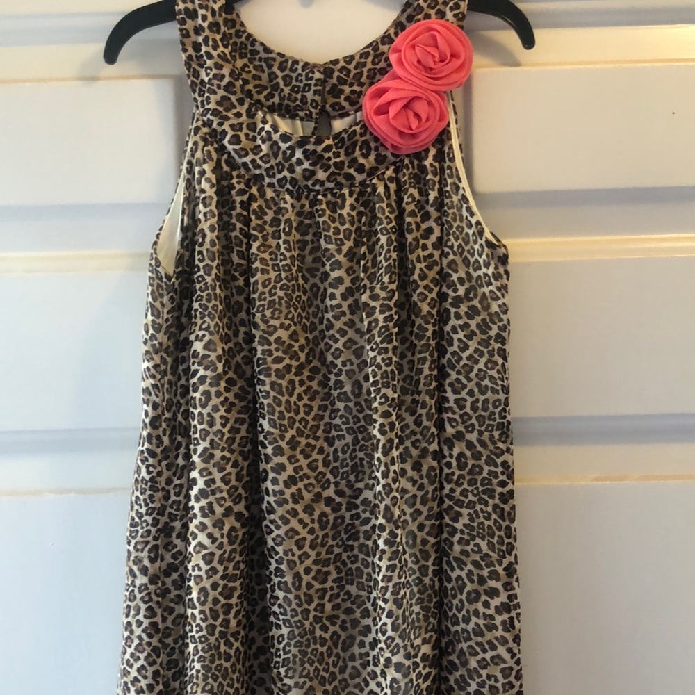 NWOT! Leopard print, High Low Dress with Coral flowers and Coral trim at bottom!